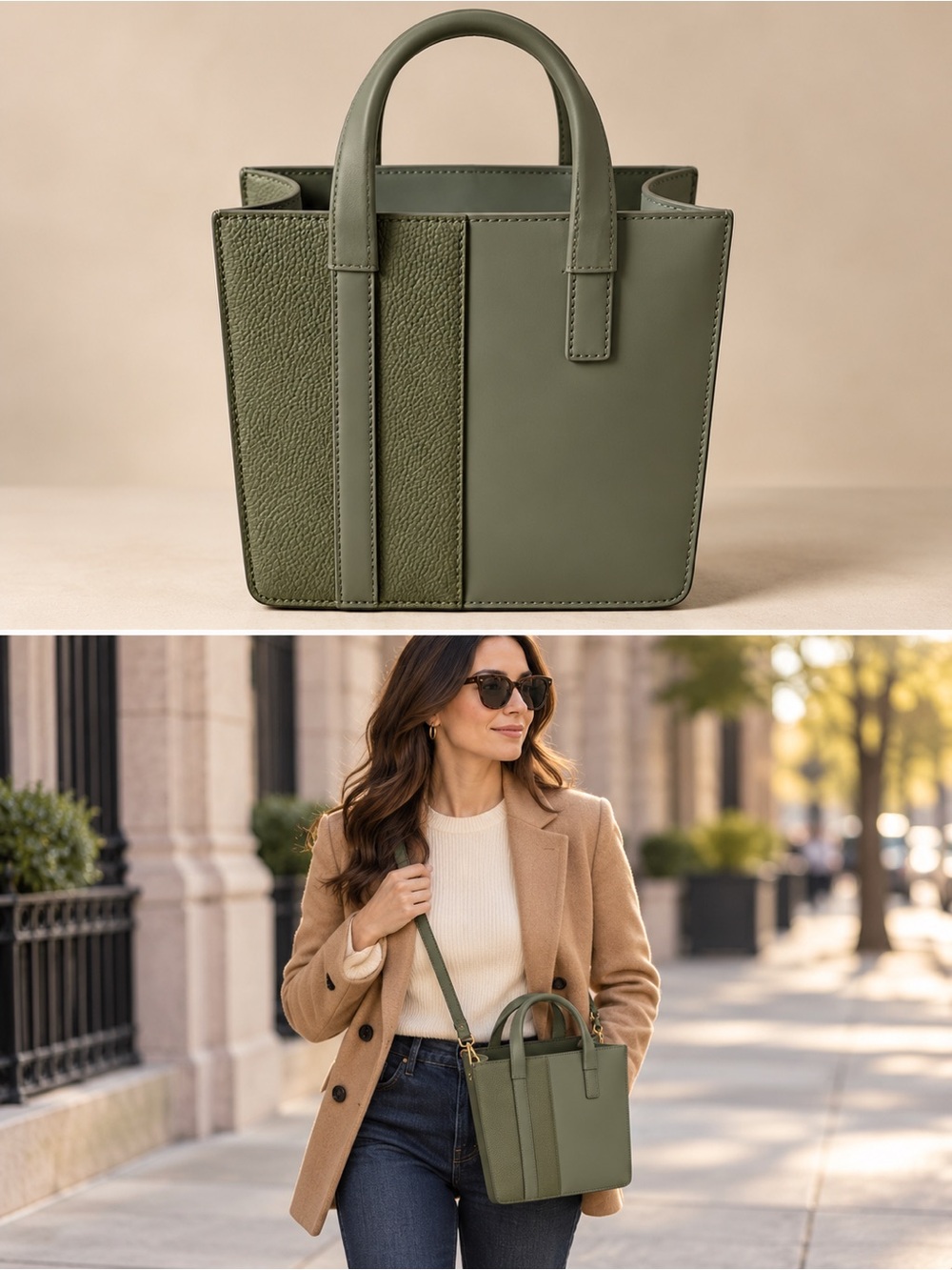 WE-AR4 The Bi Tote Army Green Leather Top Handle Purse